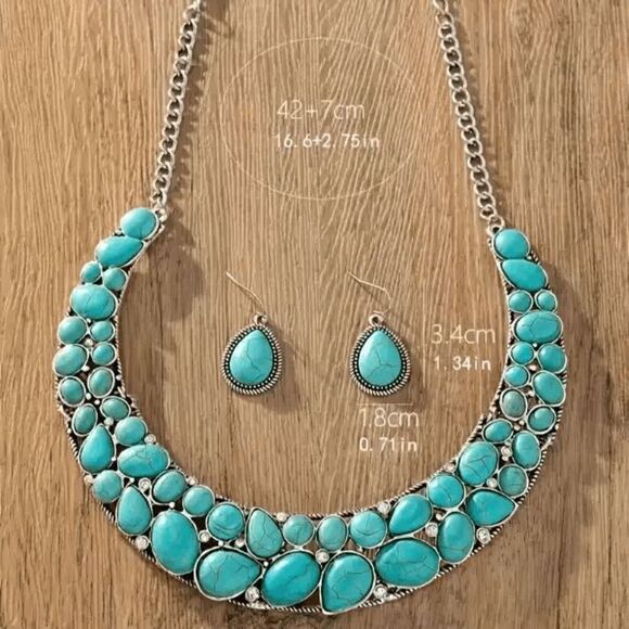 Western Boho Silver Diamond Turquoise Necklace and Earring Set - Picture 4 of 5